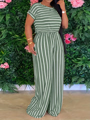 Striped Print Two piece Set Casual Short Sleeve T shirt & Wide Leg Pants