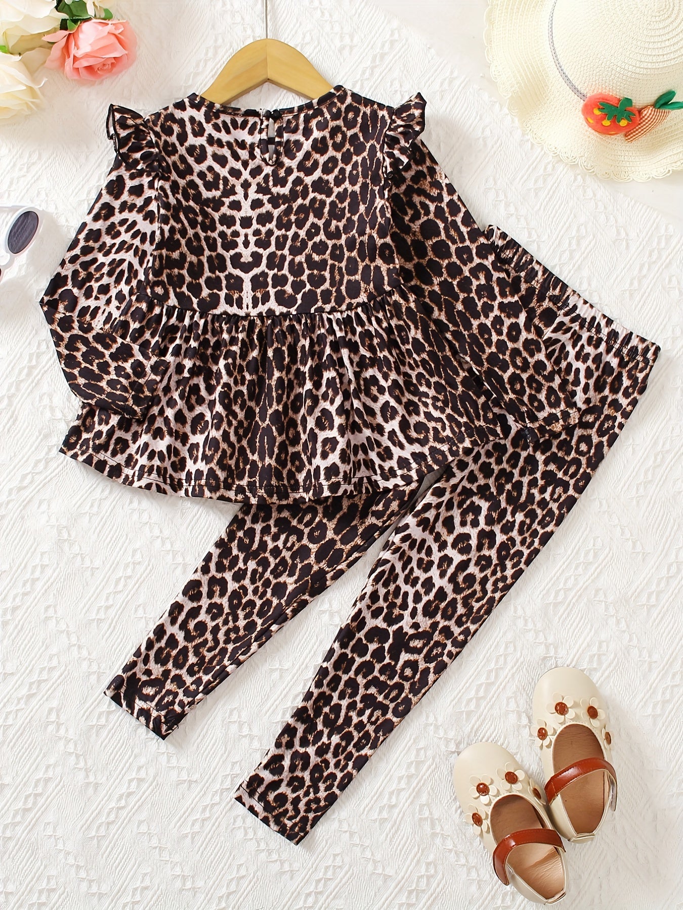 Girls 2pcs Leopard Print Long Sleeve Top & Pants Set Ruffle Casual Kids Clothes