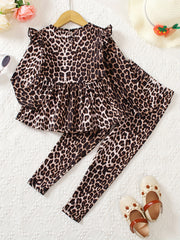 Girls 2pcs Leopard Print Long Sleeve Top & Pants Set Ruffle Casual Kids Clothes