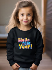 Girls Hello Year Pattern Crew Neck Long Sleeve Sweatshirt