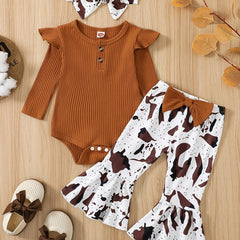 Baby Girls Ribbed Ruffle Long Sleeve Romper Cow Print Flared Pants