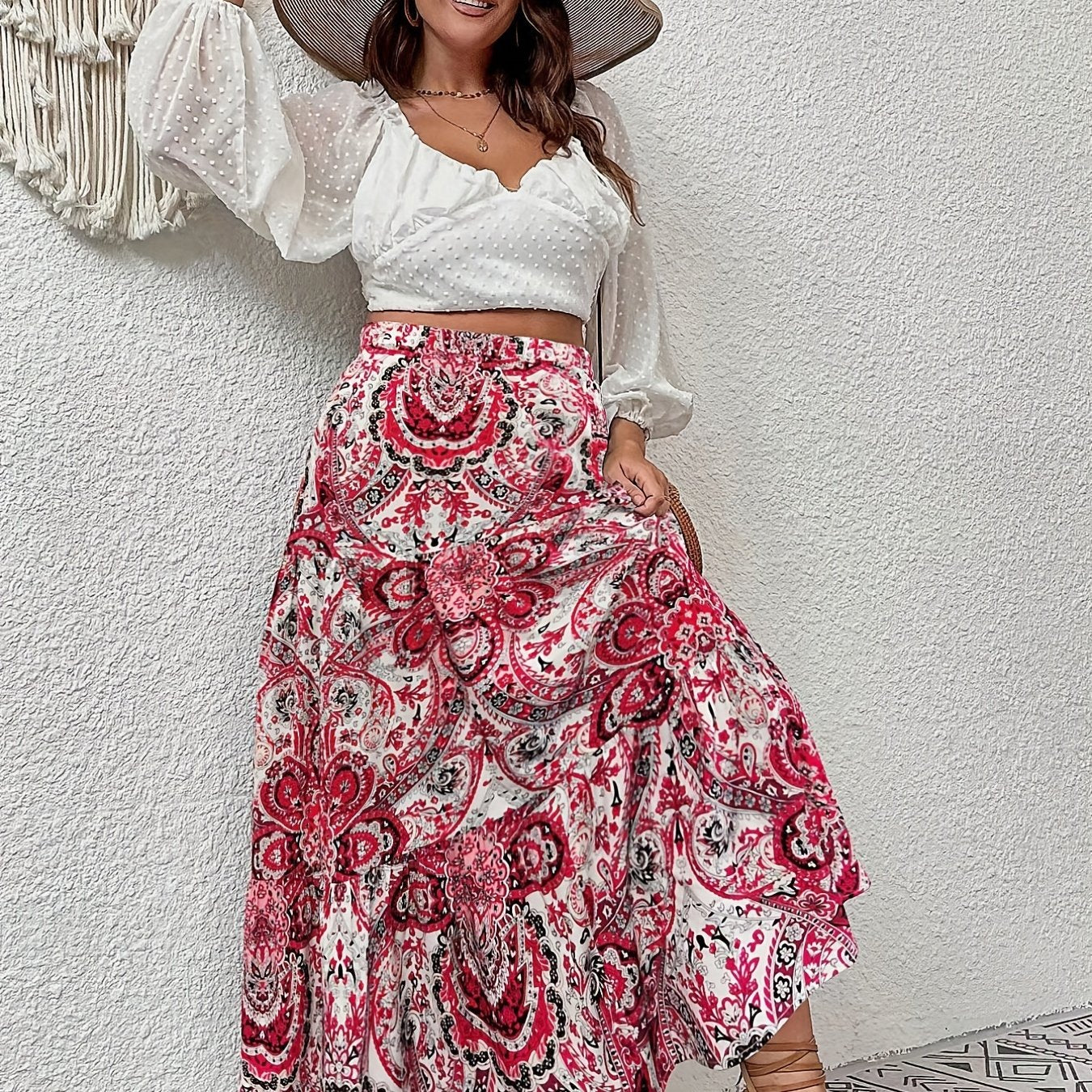 Boho Skirt Women's Plus Paisley Print High Rise A line Maxi Skirt
