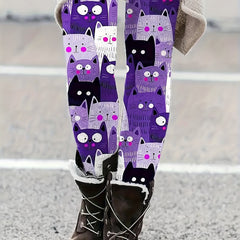 Cat Print Stretch Leggings Slim Fit
