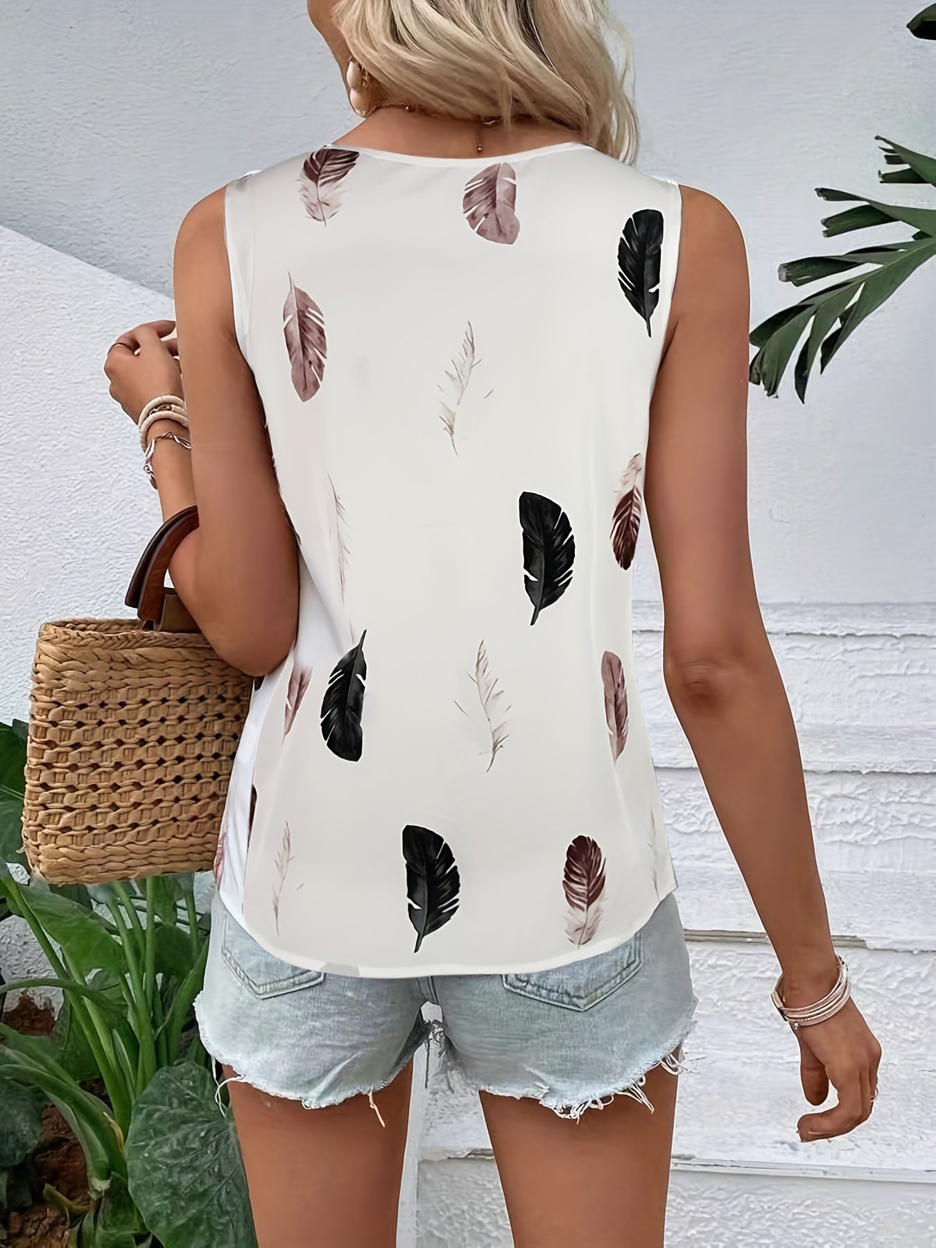 Lace Feather Print Tank Top Crew Neck Sleeveless Summer Top