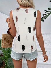 Lace Feather Print Tank Top Crew Neck Sleeveless Summer Top