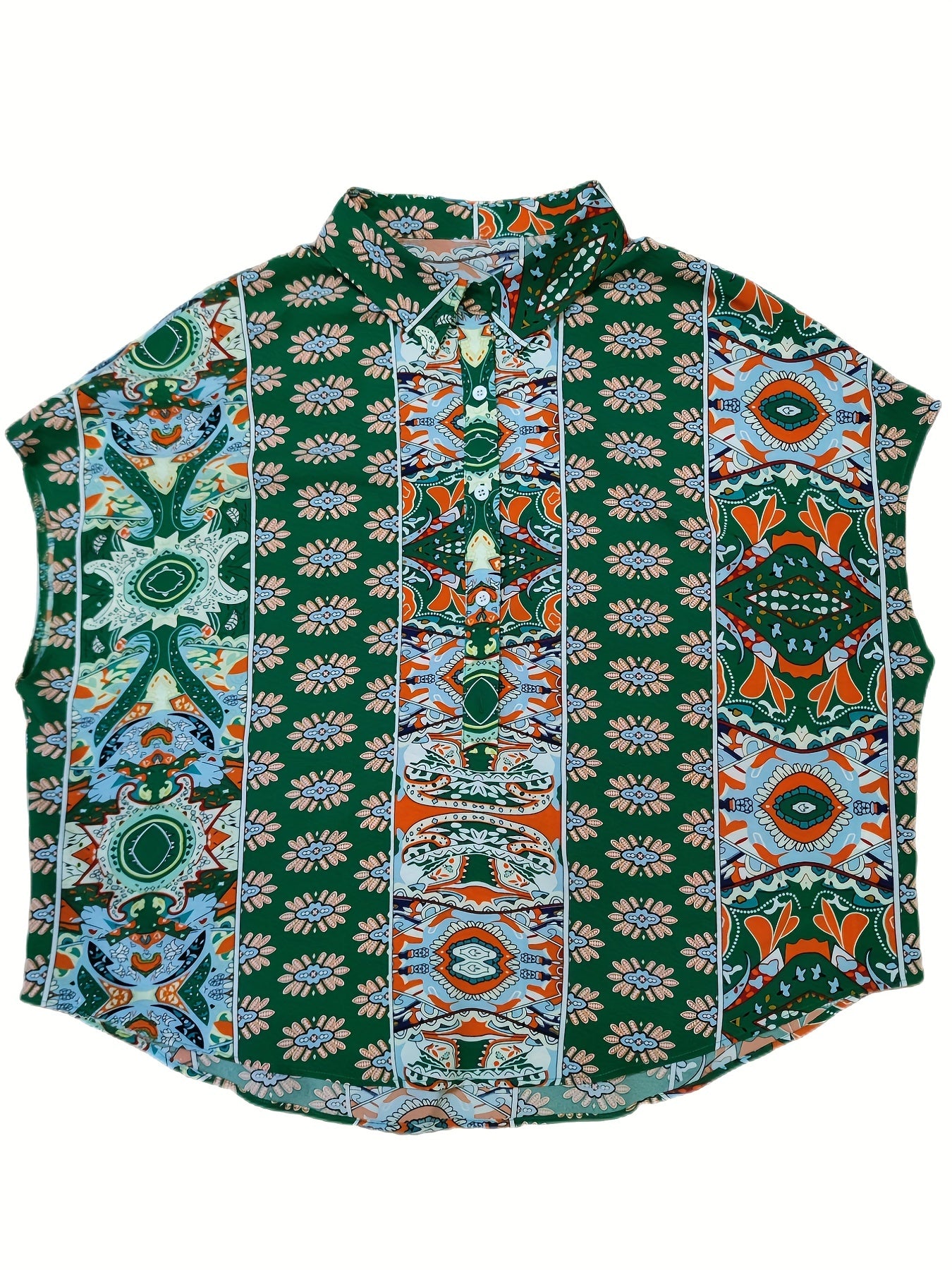 Boho Blouse Women's Plus Tribal Print Polo Neck Blouse