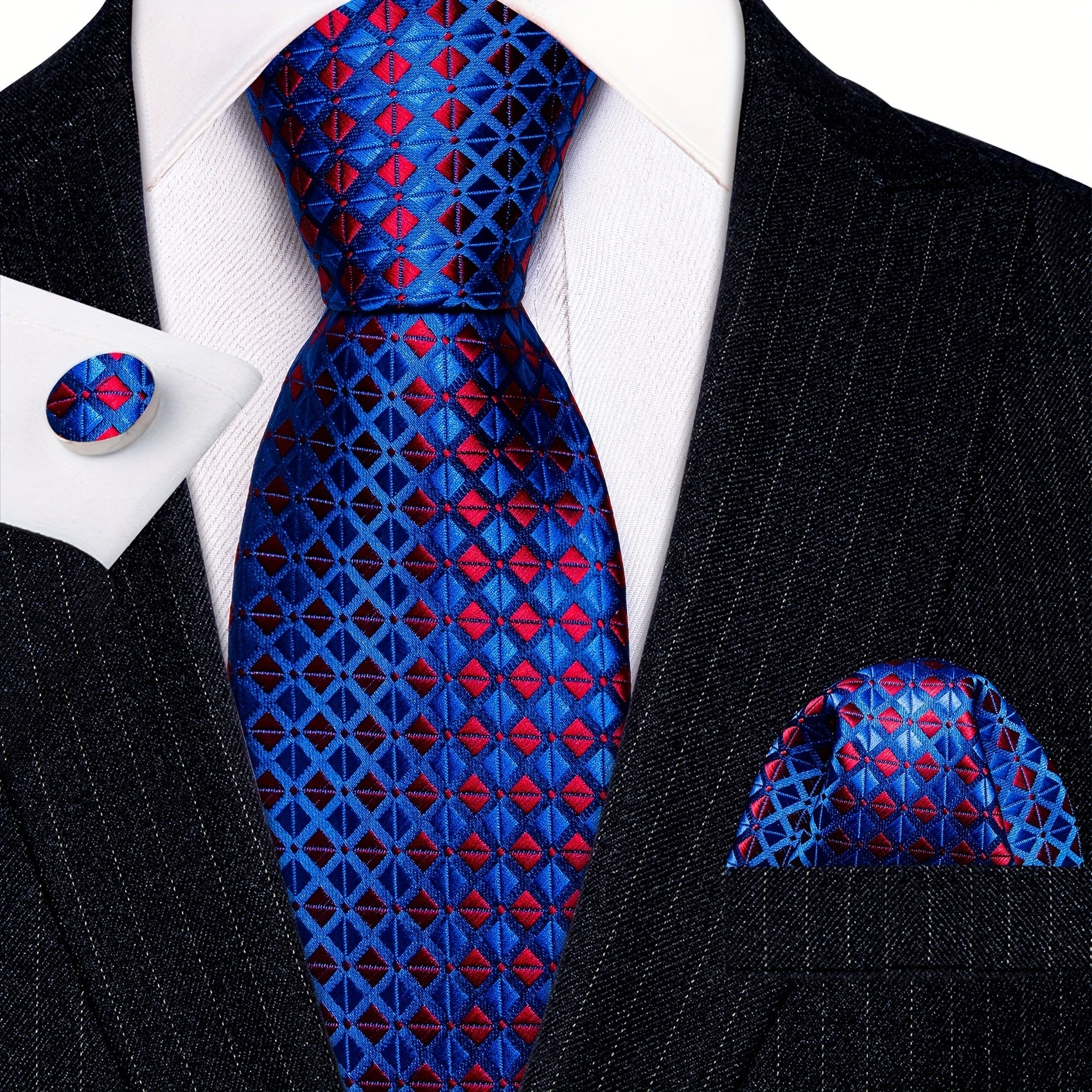 Barry Wang Men's Tie Silk Plaid Jacquard Tie Cufflinks Scarf Set