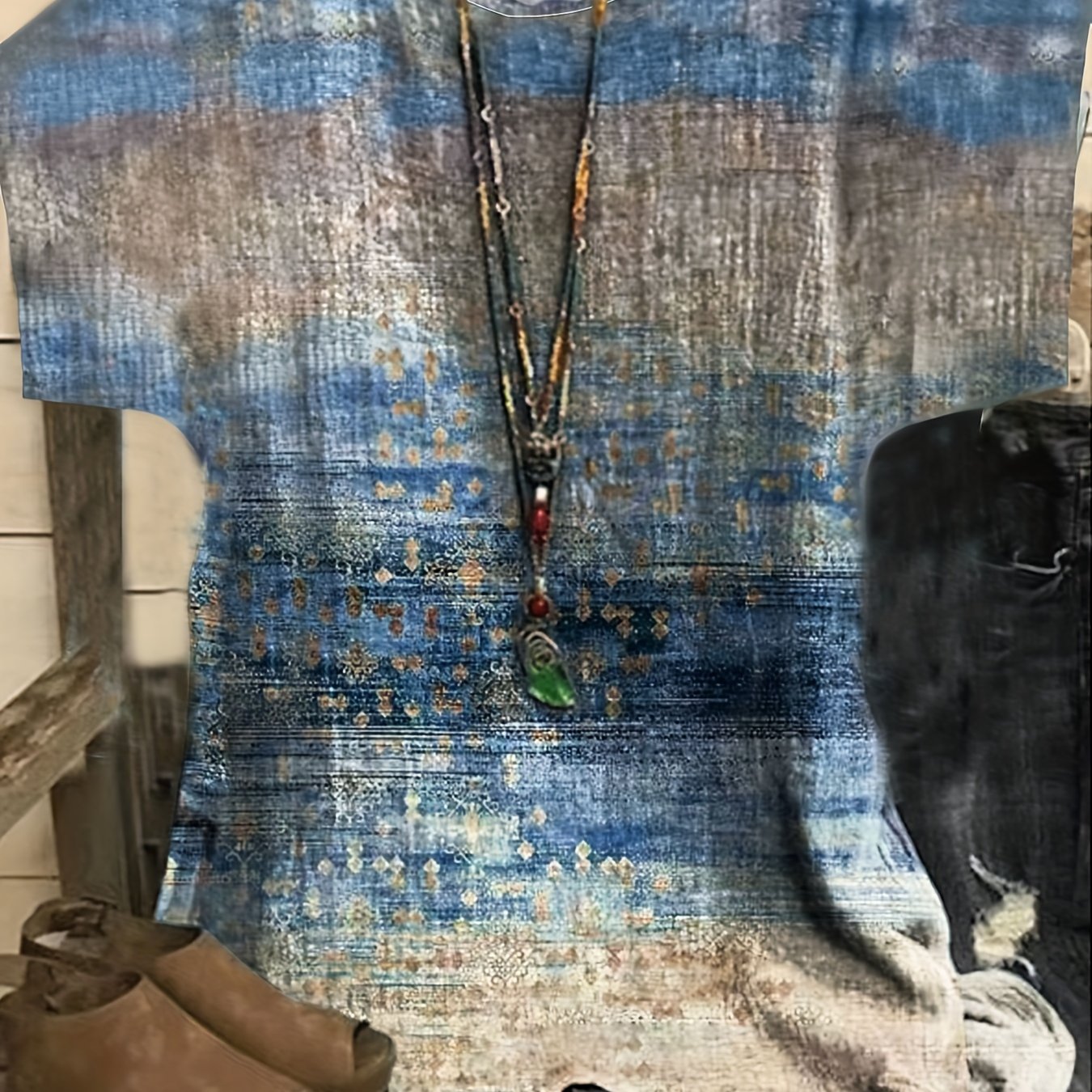 Women's Tie Dye & Geo Print Short Sleeve Blouse