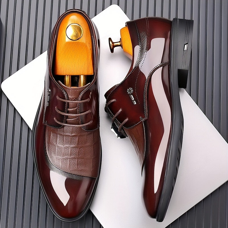 Men's Glossy Derby Shoes With Textured Detail Lace up Front Dress Shoes For Men