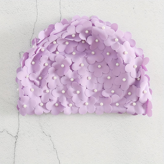 Purple Faux Pearl 3D Flower Swim Hat for Women