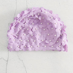 Purple Faux Pearl 3D Flower Swim Hat for Women