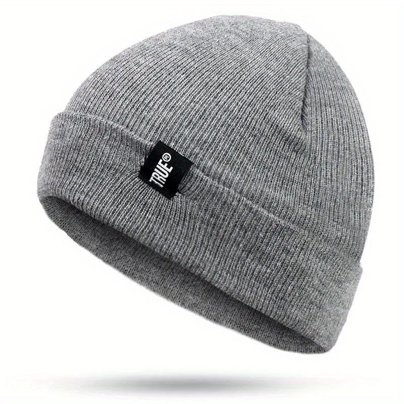Label Patch Unisex Beanie Solid Casual Elastic Knit Hat Skull Cap Warm Beanies