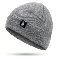 Label Patch Unisex Beanie Solid Casual Elastic Knit Hat Skull Cap Warm Beanies