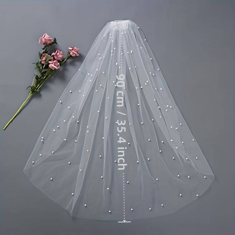 Wedding Head Veil Faux Pearl Single Layer Tulle Comb
