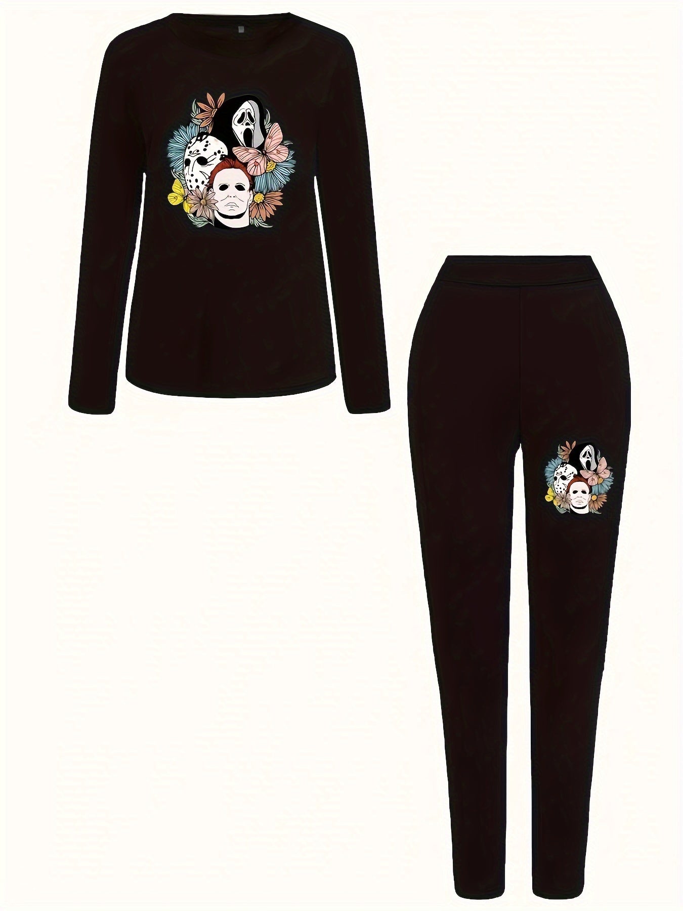 Halloween Casual Outfits Women's Floral & Grim Reaper Print Tee