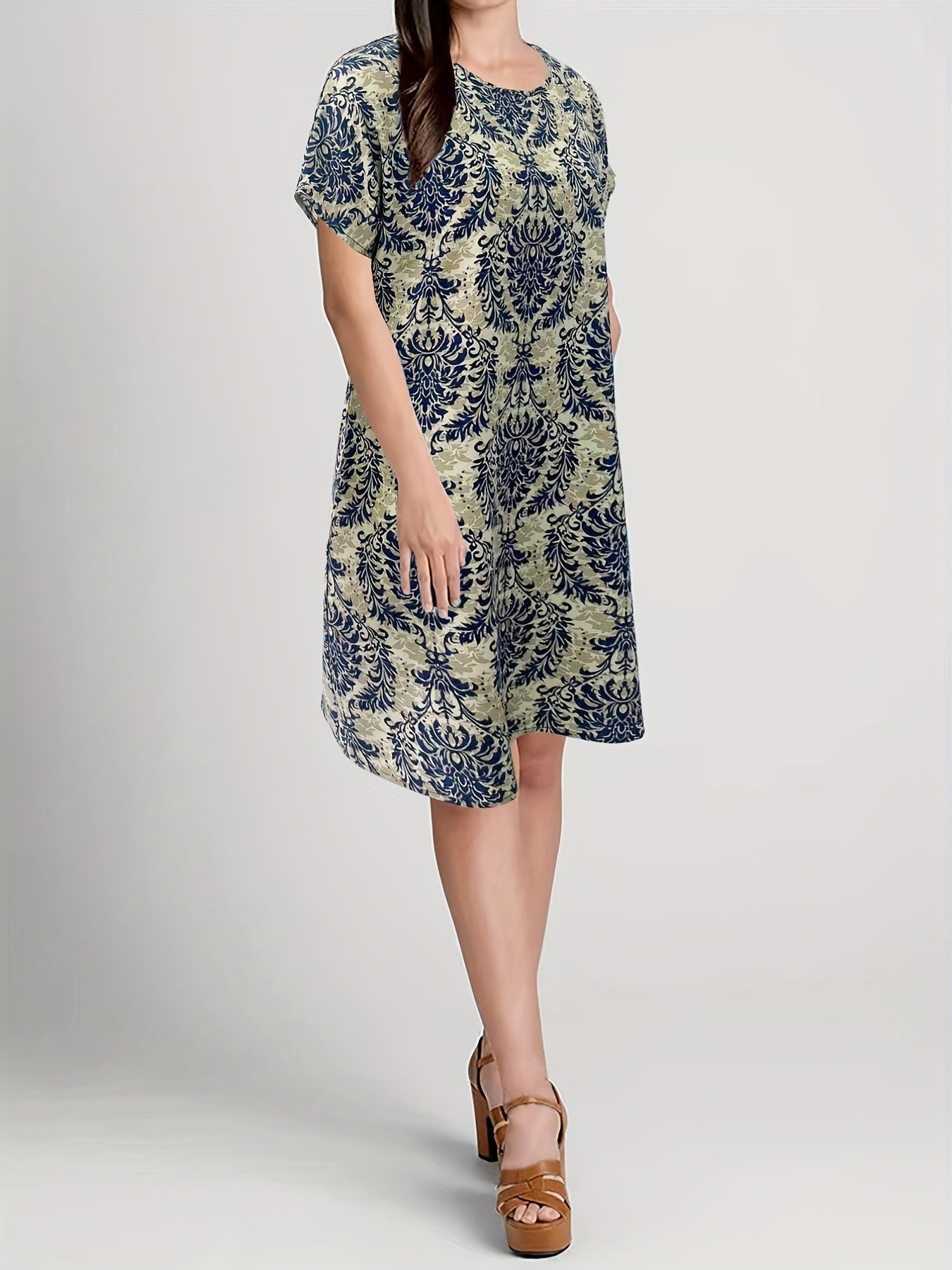 Ethnic Floral Print Dress Boho Crew Neck Short Sleeve Dress