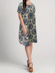 Ethnic Floral Print Dress Boho Crew Neck Short Sleeve Dress