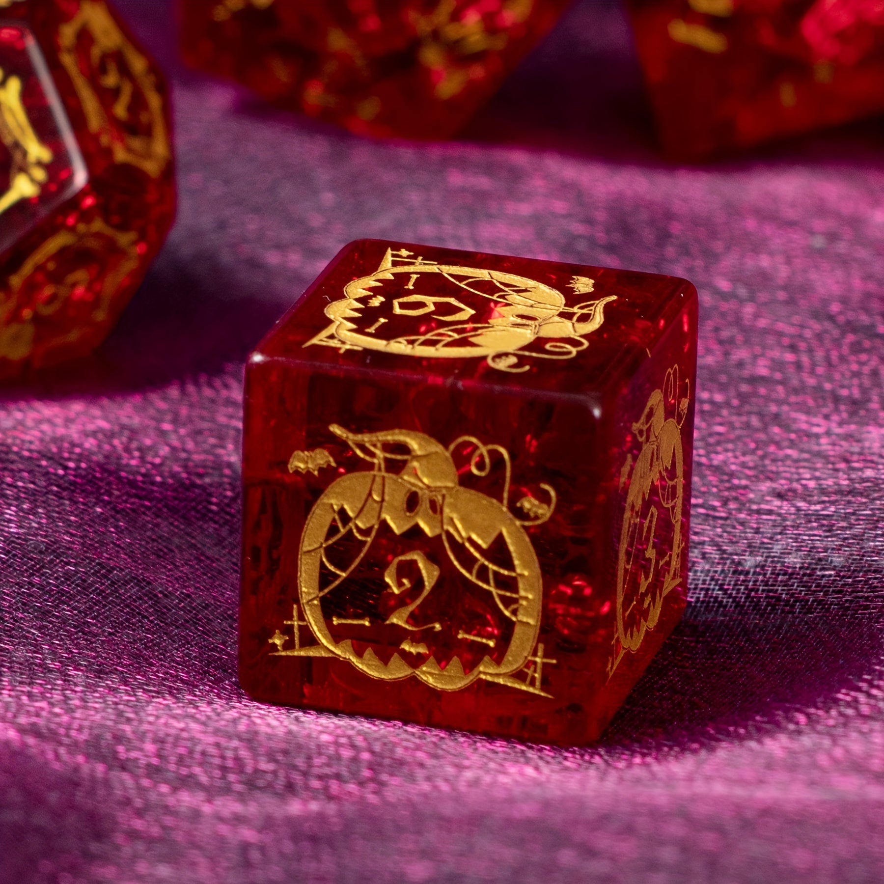 Halloween Red Glass Gem Dice with Exclusive Pumpkin Skull Carving Pattern