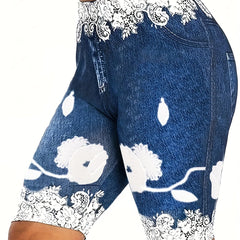 Denim Print High Rise Stretch Shorts