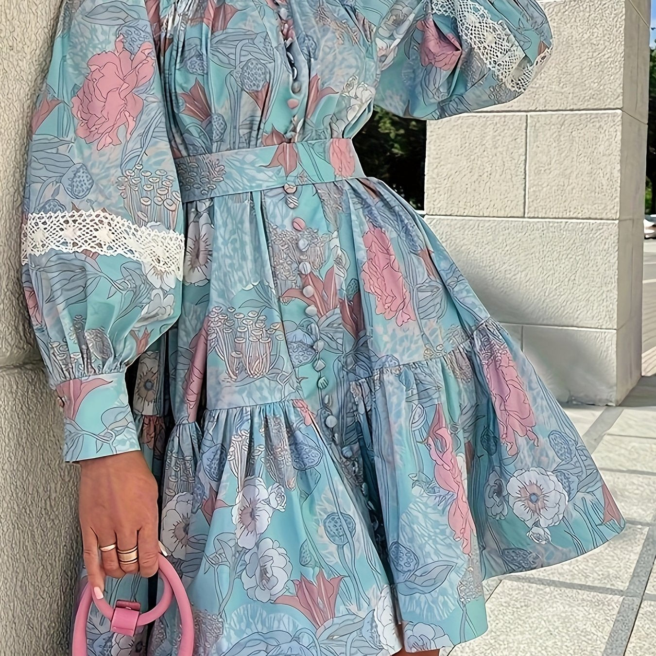 Floral Print Button Front Dress Pleated Long Sleeve High Collar Summer Dress