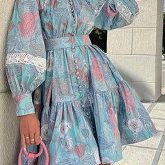 Floral Print Button Front Dress Pleated Long Sleeve High Collar Summer Dress