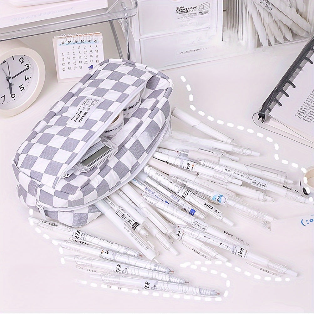 Large Gray Grid Pencil Case for School Supplies