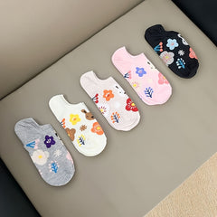5 Pairs Floral Print Boat Socks Women's Stockings