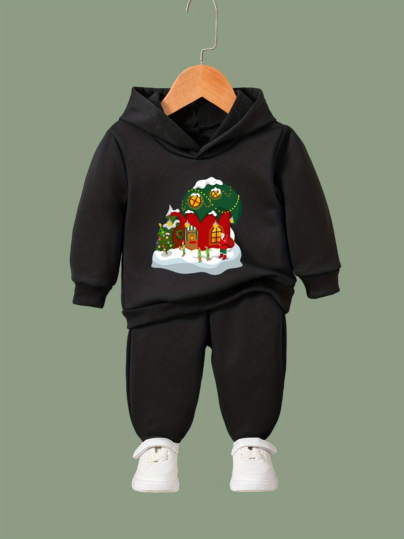 Winter House Print 2pcs Hoodies Jogger Pants Set For Sports Boys
