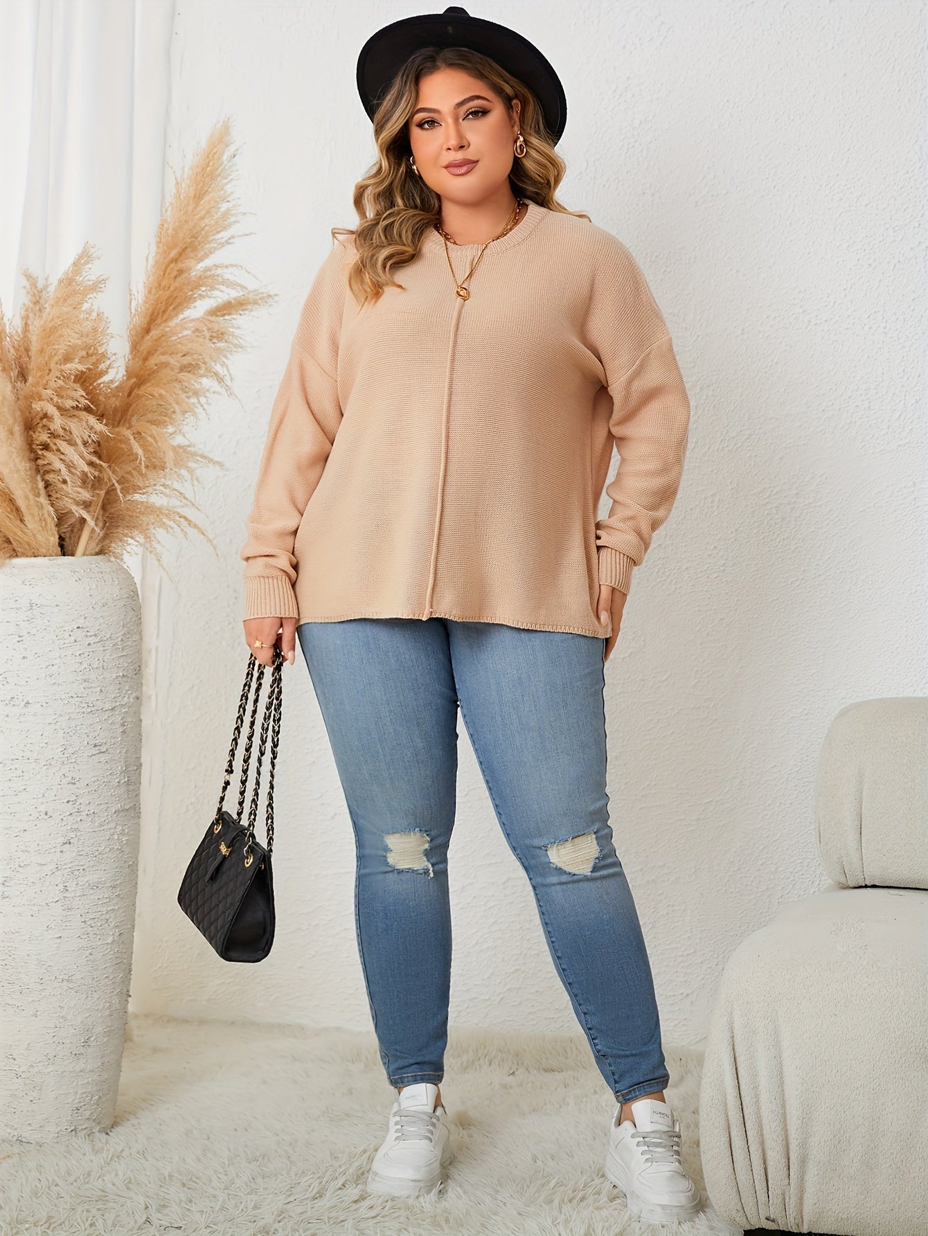 Solid Long Sleeve Knit Top Round Neck Sweater