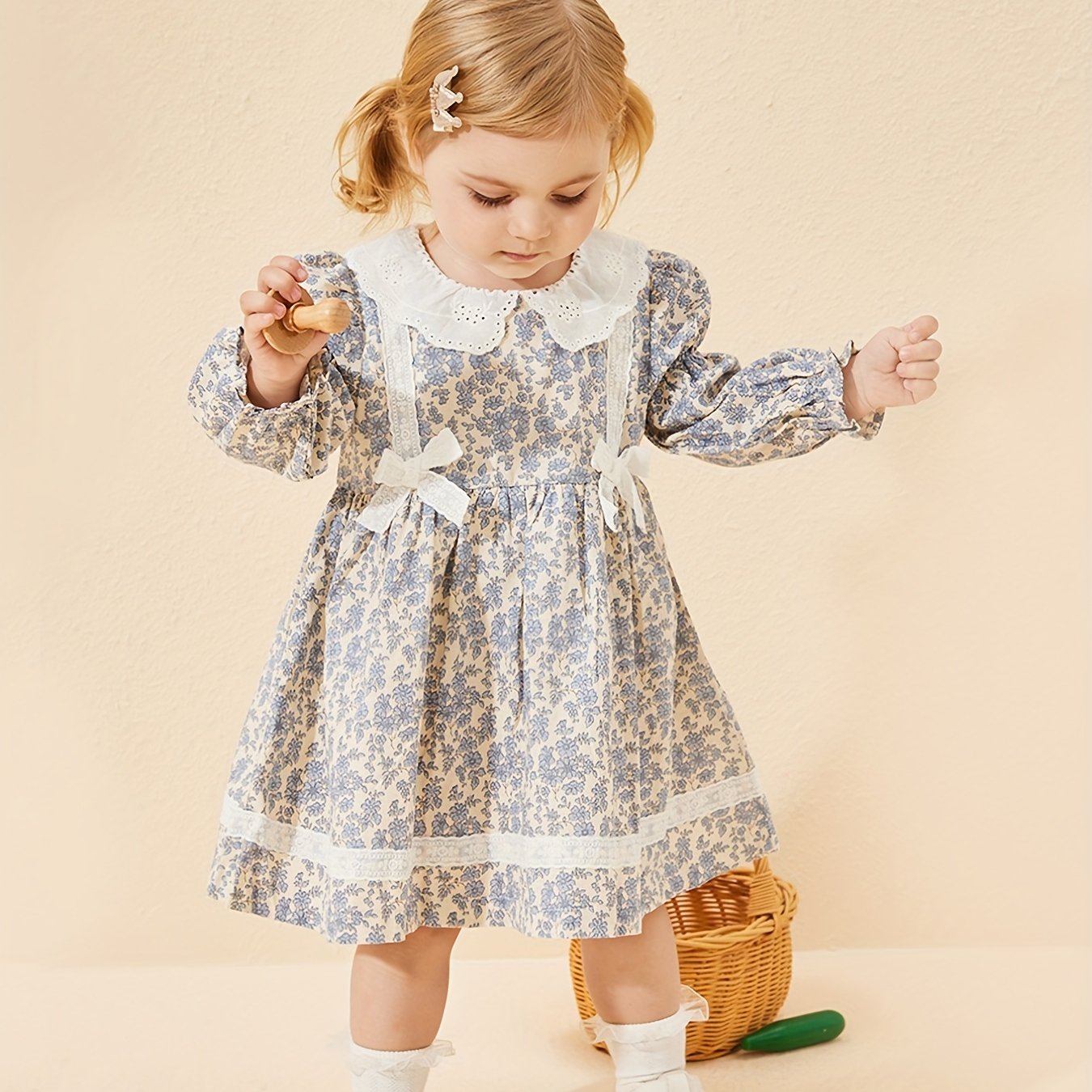 Baby Girls Floral Dress Lace Bowknot Ruffle Long Sleeve Princess Dress