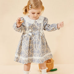 Baby Girls Floral Dress Lace Bowknot Ruffle Long Sleeve Princess Dress
