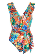 Tropical Print V Neck Ruffle One Piece Swimsuit With Belt