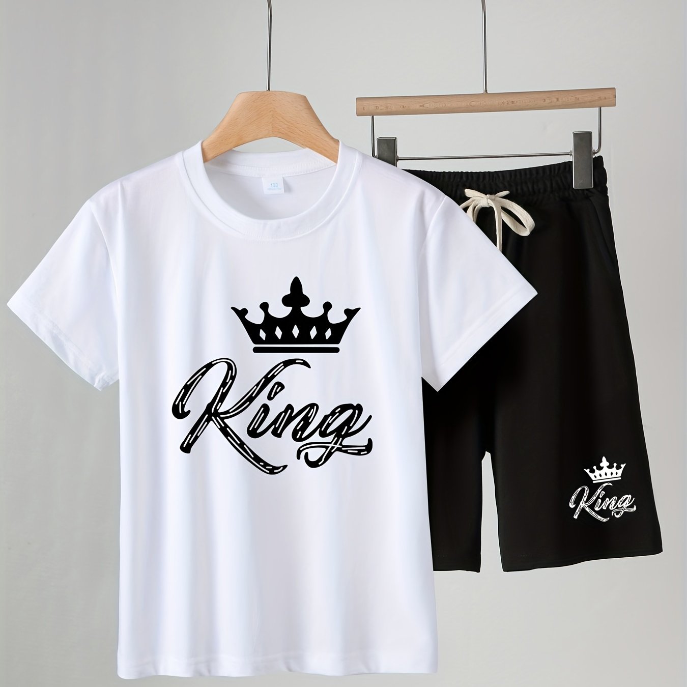 2pcs Boys Casual KING Letter and Crown Print T-Shirt&Shorts