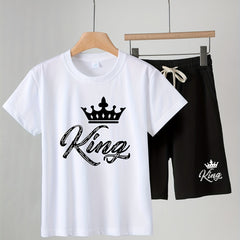 2pcs Boys Casual KING Letter and Crown Print T-Shirt&Shorts