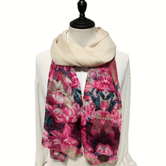 Vintage Flower Print Scarf Pink Gradient Warm Shawl Women