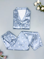 Heart Print Pajama Set Long Sleeve Top & Pants Women's Sleepwear
