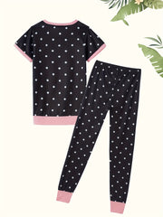 Kid's Polka Dot Pajama Set with Cartoon Cat Print - Cute Loungewear
