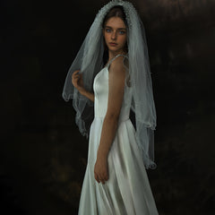 Double Layer Bridal Veil with Faux Pearls & Wavy Edge 1 Meter Long