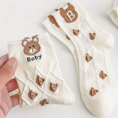 5 Pairs Cartoon Bear Print & Breathable Mid Tube Socks Women's Stockings