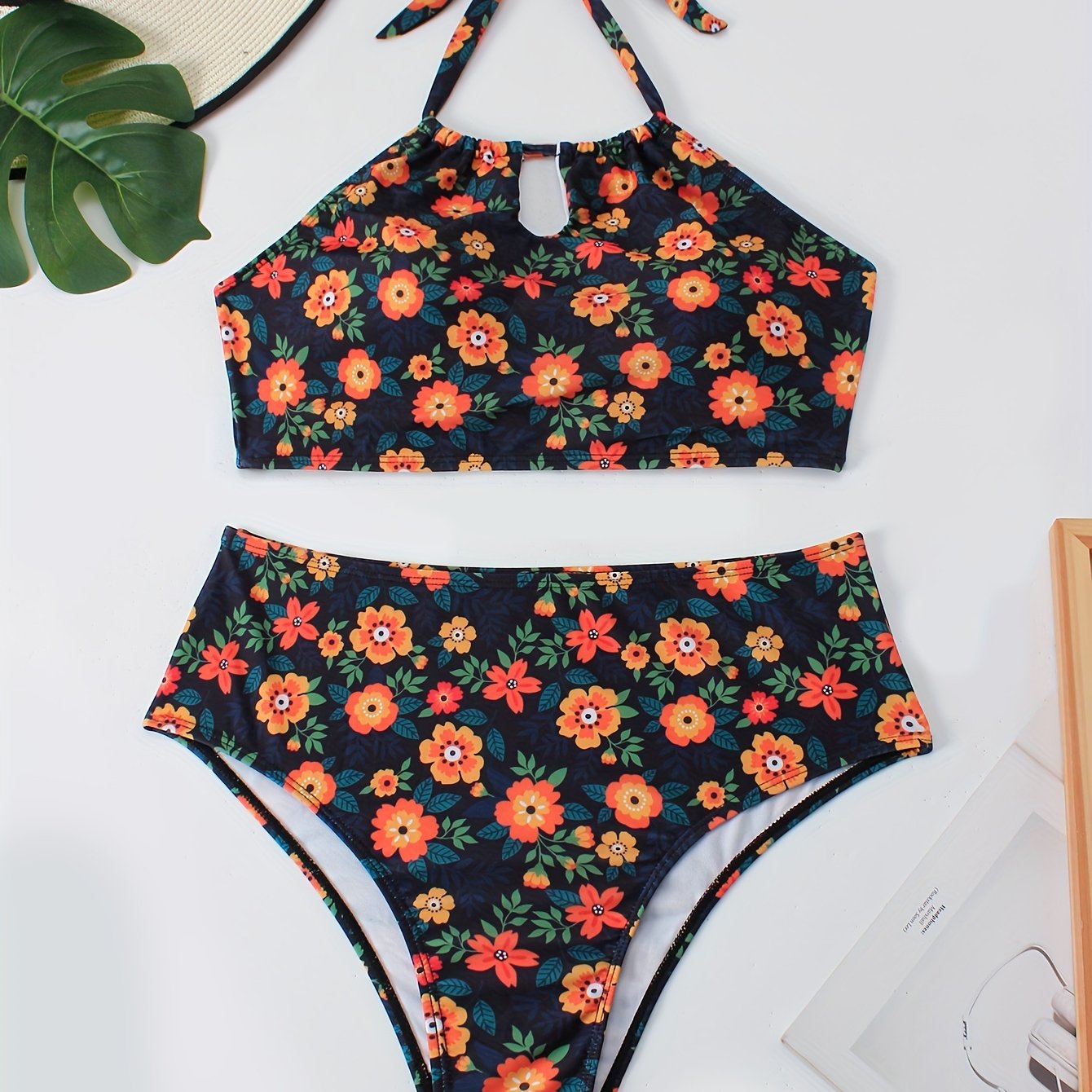 Floral Print Backless Halter Bikini Set