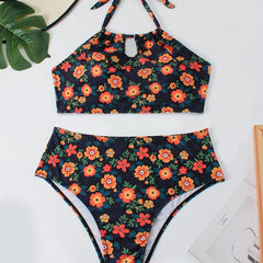 Floral Print Backless Halter Bikini Set