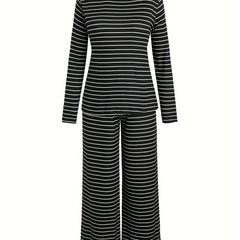Casual Pajamas Set Women's Plus Striped Print Tee & Pants 2 Piece Set