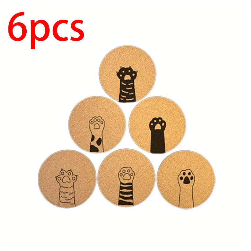 6pcs Cat's Claws Pattern Cork Coasters Round Wooden Mat for Hot Drinks