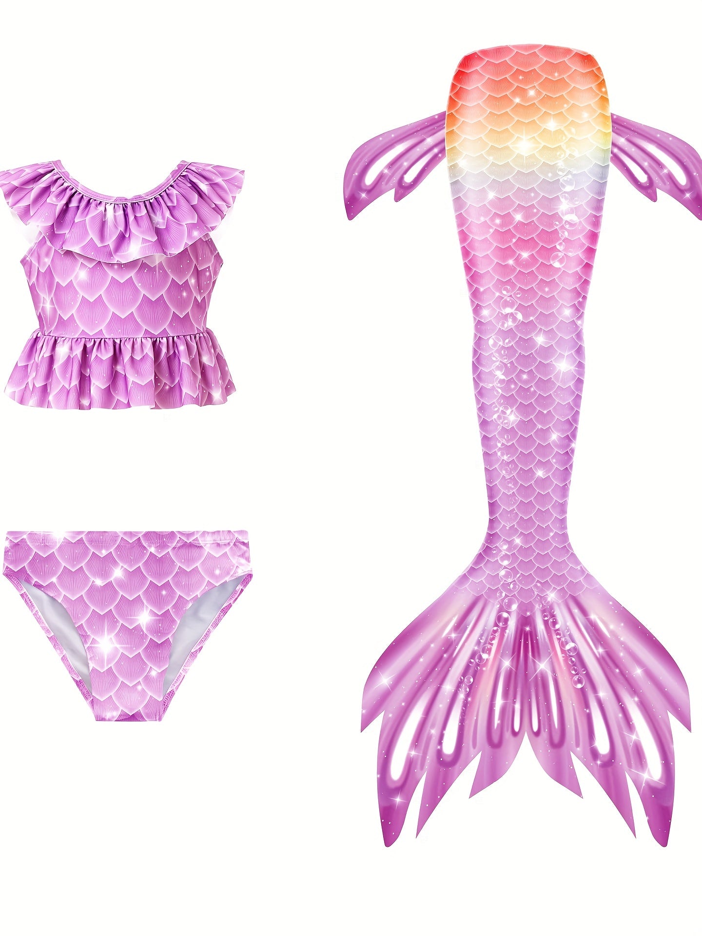Girl's Tie Dye Mermaid Swimsuit Ruffle Bikini Set & Mermaid Tail Costume