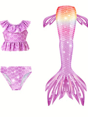 Girl's Tie Dye Mermaid Swimsuit Ruffle Bikini Set & Mermaid Tail Costume