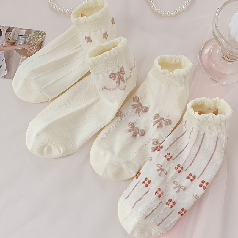 5 Pairs Sweet & Ruffle Low Cut Socks Women's Stockings & Hosiery