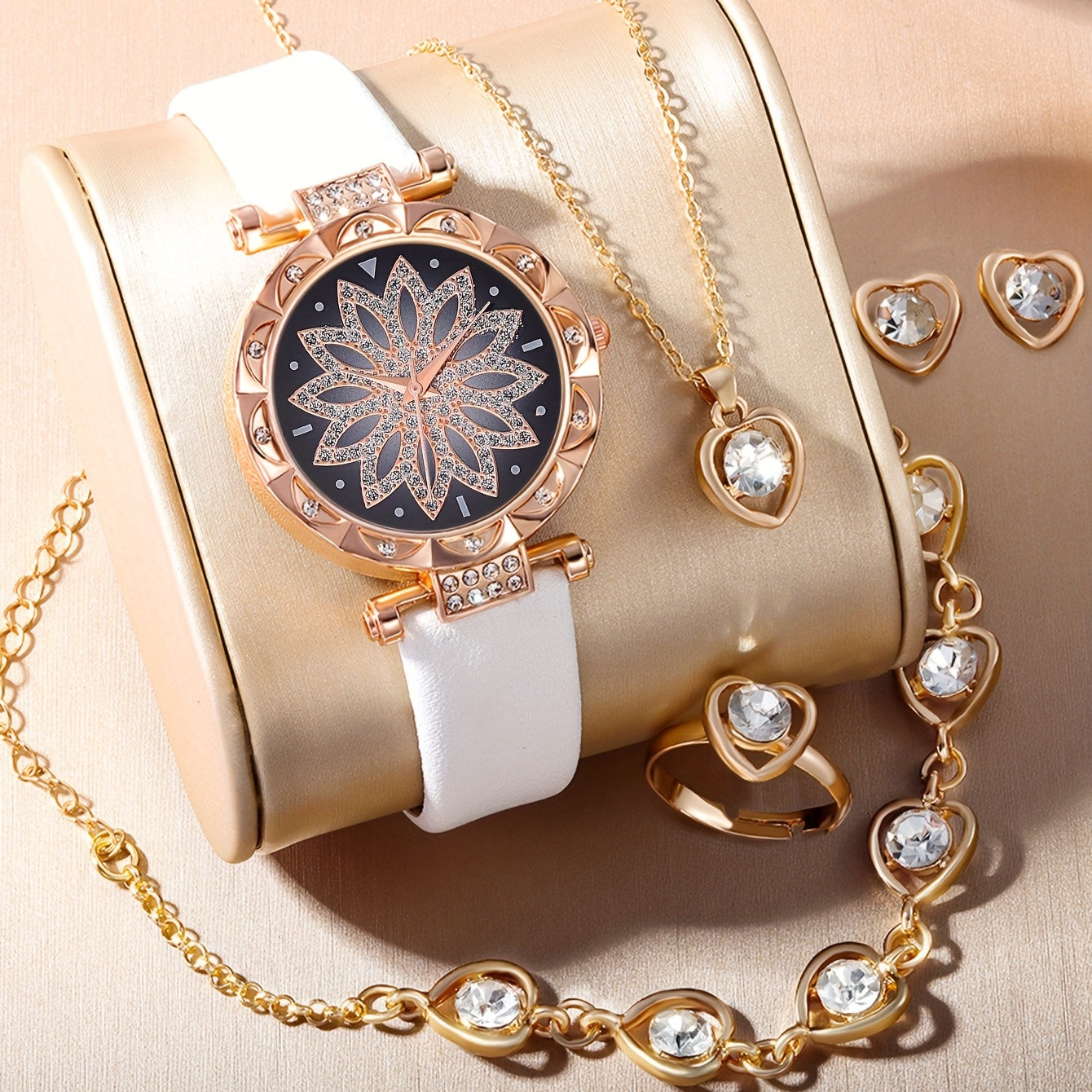 Student Flower Plate Rhinestone Quartz Watch And 5pcs Jewelry Set