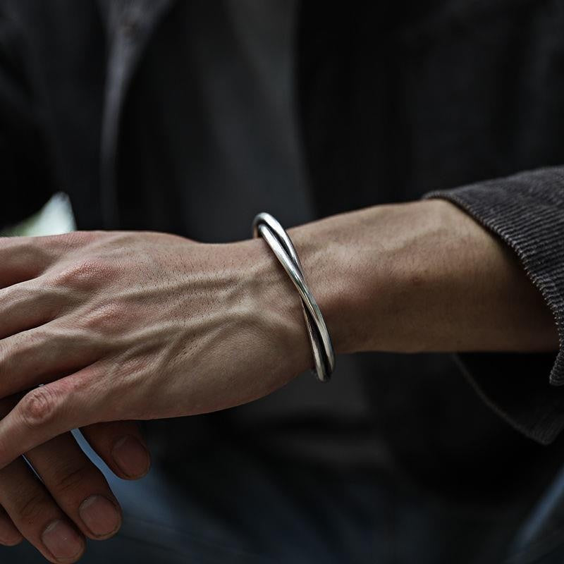 Vintage Silver Woven Bracelet Mens Open Style