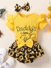 Baby Girls Ribbed Fly Sleeve Onesie & Shorts Set with Bow Headband