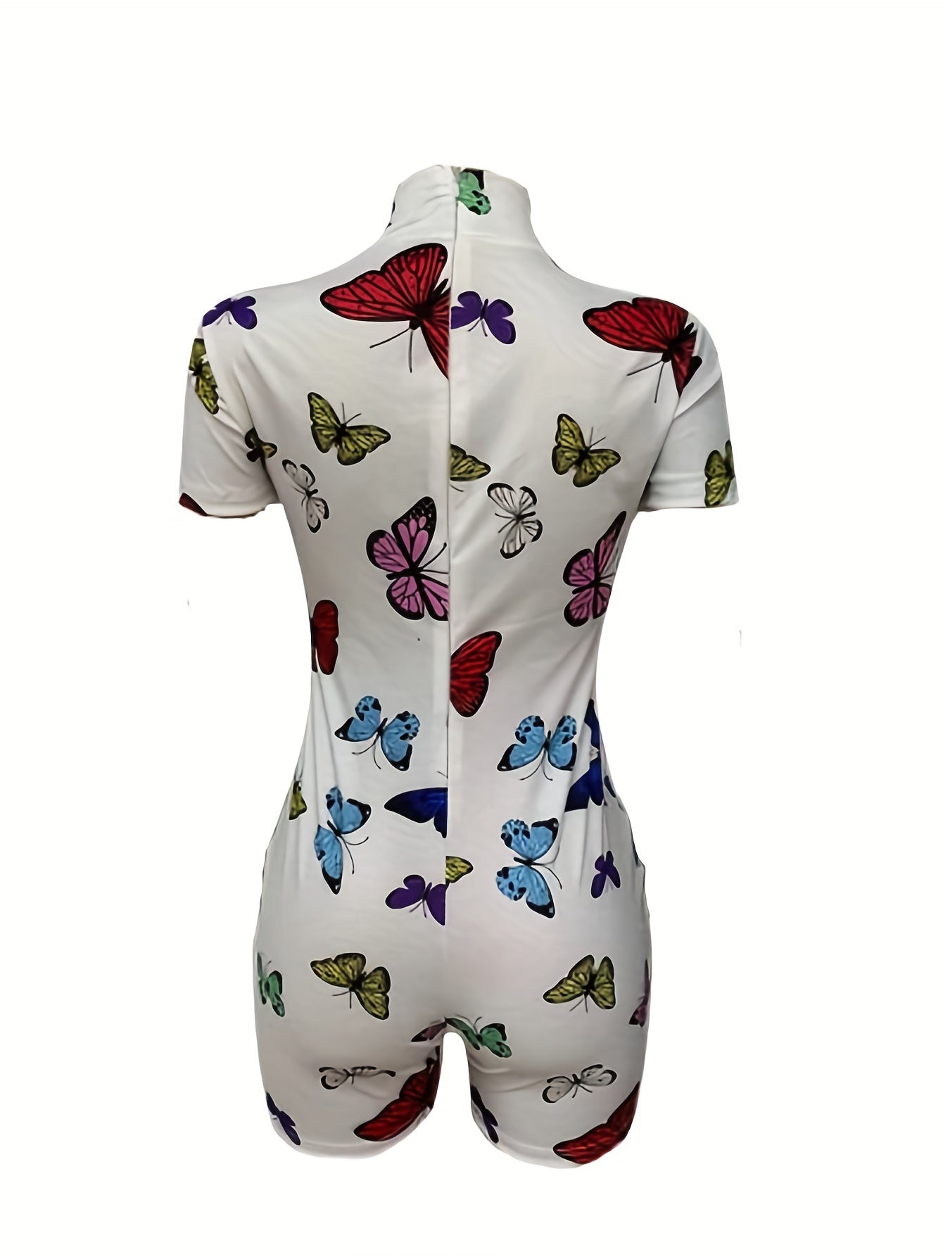 Butterfly Print Mock Neck Romper Jumpsuit Short Sleeve Casual Women's Clothing